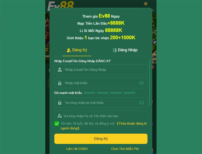 Biểu mẫu đăng ký tài khoản trực tiếp trên website, ứng dụng