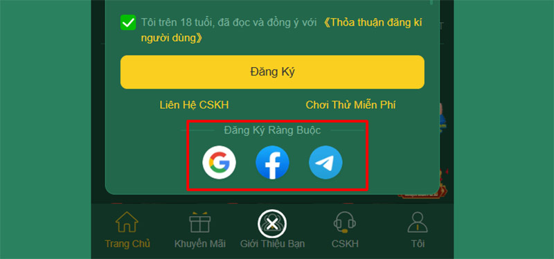 Đăng ký liên kết mạng xã hội