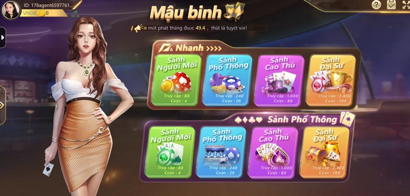 Giao diện chơi game Mậu Binh tại EV88