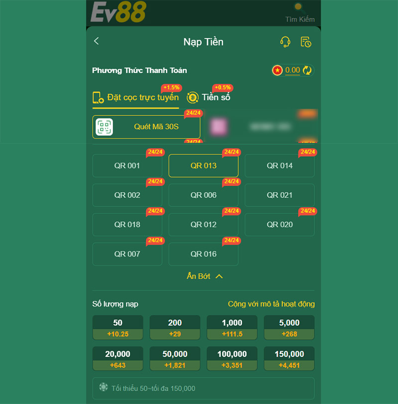 Nạp tiền EV88 bằng mã QR