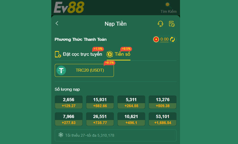 Giao diện nạp tiền số