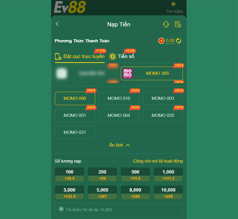 Nạp tiền qua ví Momo mang với mốc tối thiểu chỉ từ 10.000 đồng