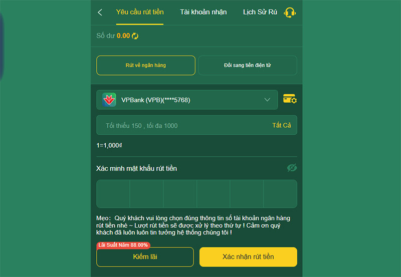 Rút tiền về ngân hàng